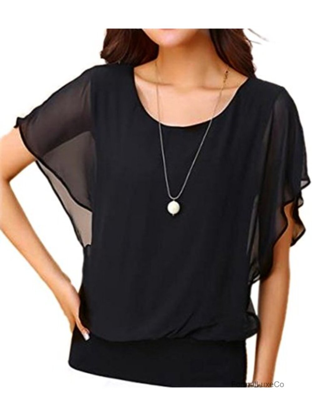 VIISHOW Batwing Sleeve Chiffon Blouse Banded Hem Women's Summer Top